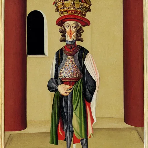 Prompt: portrait of an anthropomorphic ostrich dressed as an italian king, sandro bottecelli, 1 5 0 0