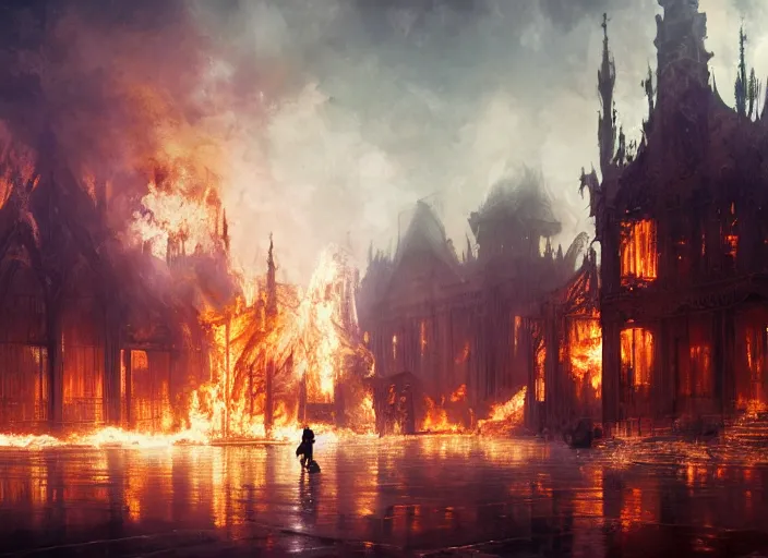 Image similar to the rich golden house burns in fire, volumetric lighting, digital painting, highly detailed, artstation, sharp focus, illustration, concept art, ruan jia, steve mccurry, amazing composition, gothic arch frame