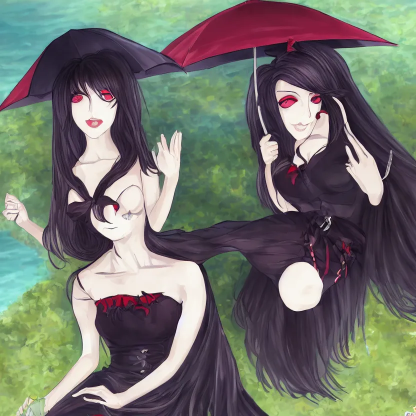 Image similar to portrait of a beautiful and grim vampire queen in the shade underneath a large beach umbrella, trending on pixiv