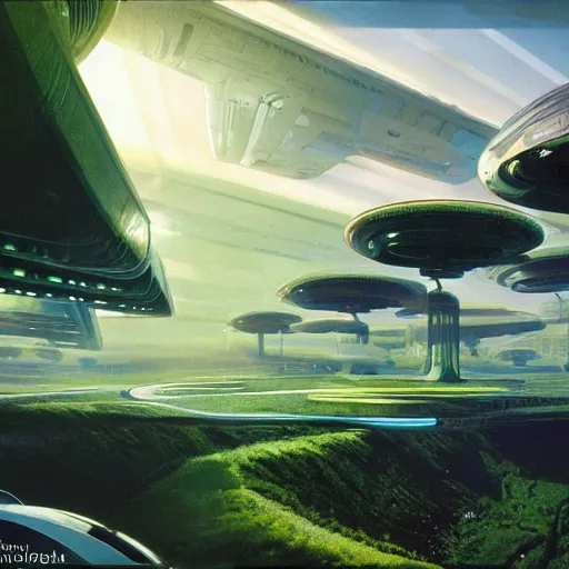 Image similar to beautiful matte painting of green gardens with roads on a futuristic sci-fi space station, cinematic angle, cinematic lighting, blue sky, by Syd Mead, John Harris, Federico Pelat