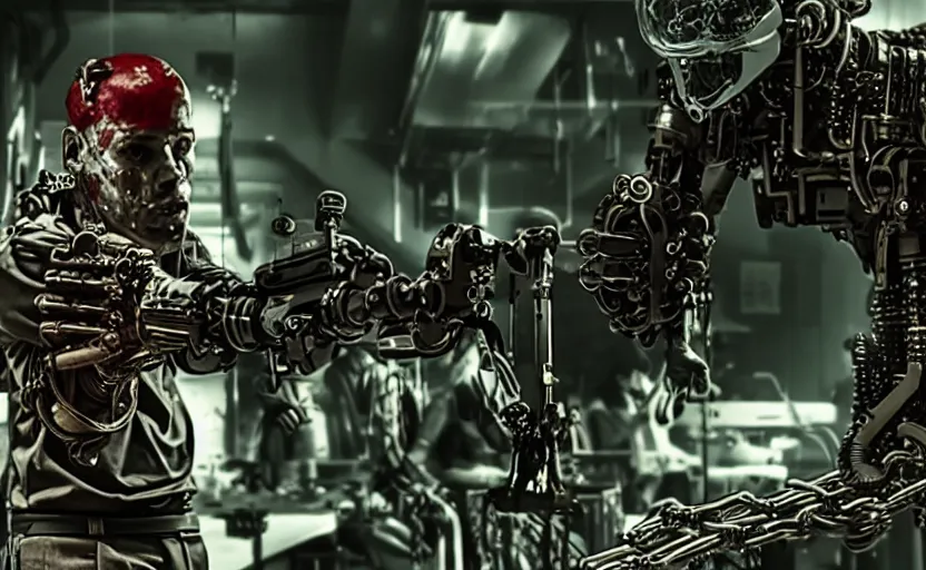 Image similar to biopunk style bounty hunter with one mechanical prosthetic arm and many cybernetics, movie still, cinematic shot