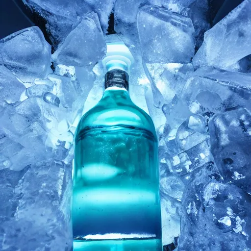 Prompt: vodka bottle buried in icy blue crystals in the arctic under aurora borealis
