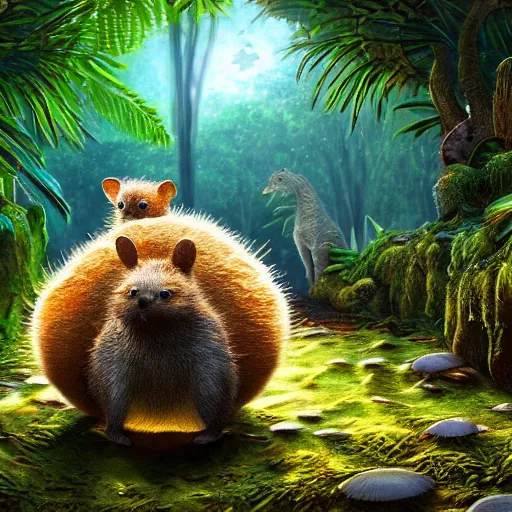 Image similar to Intricate detailed illustration, A mushroom and happy quokka frolicking together in a lush tropical jungle, 🍄 , cinematic lighting, by Philip Hood, wide angle, volumetric light scattering, 8k, artstation, concept art,