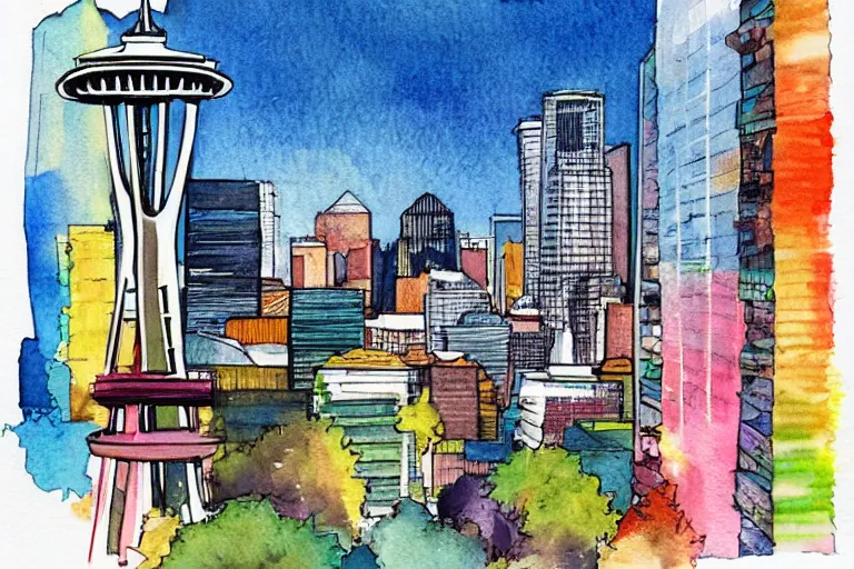 Image similar to !! watercolor!! seattle in a sunny day, artwork by tooth wu, colorful contrast,!!!! very coherent!!!!, dark shadow, thick lineart