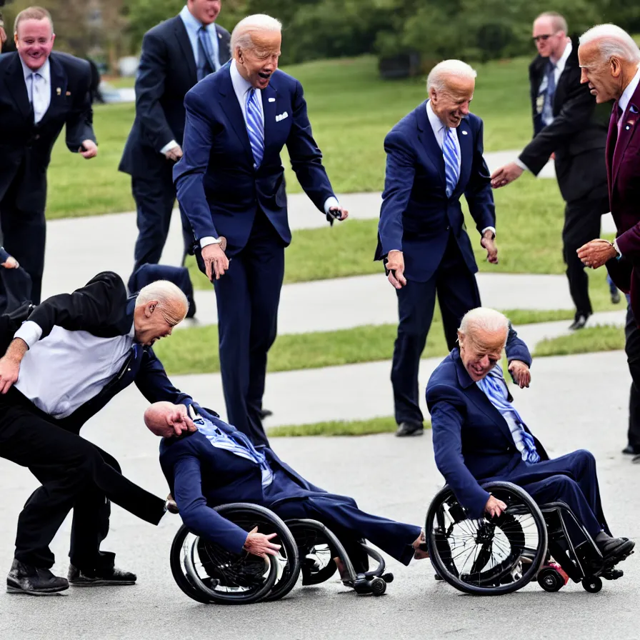 Image similar to joe biden falling off his wheelchair faceplanting on the ground, award winning photo