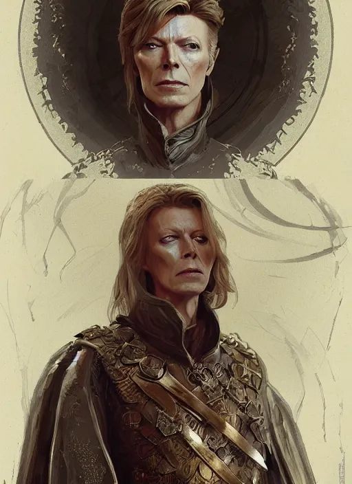 Image similar to david bowie as medieval prince, intricate, elegant, highly detailed, digital painting, artstation, concept art, smooth, sharp focus, illustration, game of thrones, art by greg rutkowski and alphonse mucha and aleksi briclot