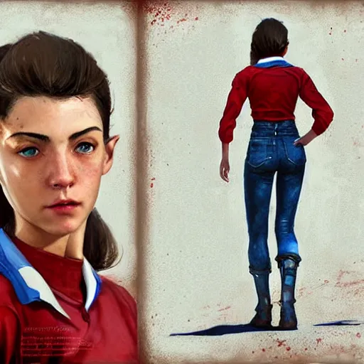 Image similar to portrait of a brunette thin teenager girl with blue eyes in fallout 4, light stubble with red shirt, inside modern school ,digital art,photorealistoc,art by greg rutkowski,hyperdetailed,western comic style,comic,comic style,sharp lineart,professional lighting,deviantart,artstation,trevor henderson,rossdtaws,cinematic,dramatic