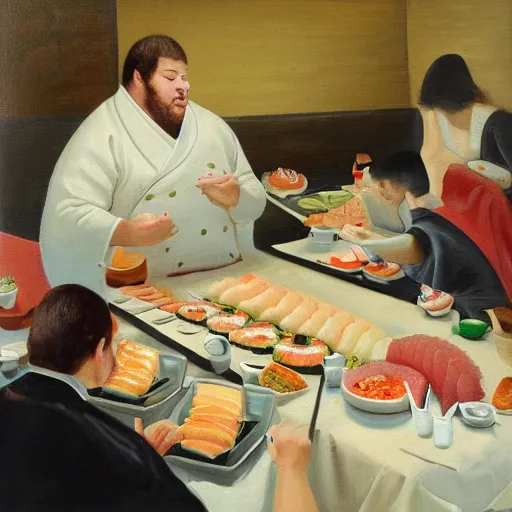 Image similar to huge fat caucasian man stuffing himself full of sushi at a sushi buffet, oil painting in a style of dutch masters