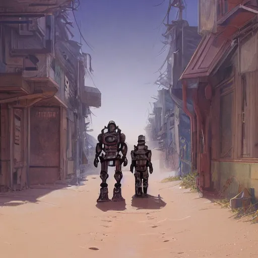 Prompt: two robots in power armor walking in a sand covered street, post apocalyse, ruined subdivision houses, Sci Fi, intricate, elegant, highly detailed, digital painting, artstation, concept art, matte, sharp focus, illustration, art by Greg Rutkowski and Alphonse Mucha