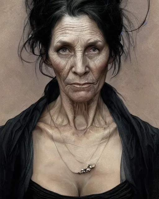 Image similar to portrait 6 0 - year - old woman, tall, severe - looking, with dark hair tied up in a bun, wearing black clothes, hyper realistic face, beautiful eyes, fantasy art, in the style of greg rutkowski, intricate, alphonse mucha, hyper detailed, smooth