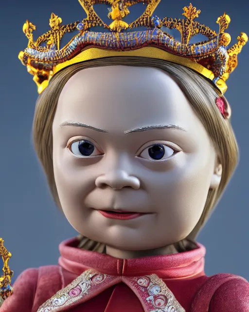 Prompt: highly detailed closeup, face profile portrait of a tin toy weimar greta thunberg as a fairytale princess wearing a crown and sitting on a throne, bikini, depth of field, otto dix, breathtaking, detailed and intricate environment, 8 k resolution, hyperrealistic, octane render