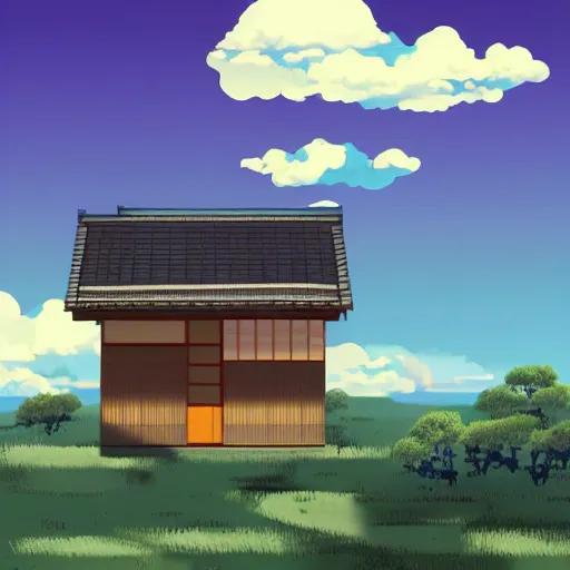 Prompt: a Japanese house and a blue sky with clouds in anime style, in the style of Lampbo Chun on ArtStation and Son Rice on ArtStation, 4k,