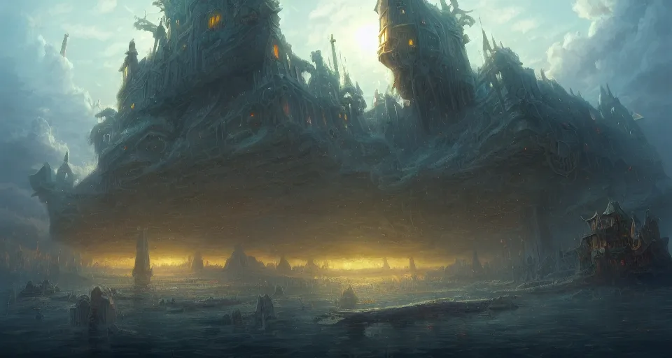 Prompt: low fantasy, landscape an ancient floating city in the sky and an sky - ship flying towards it andreas rocha