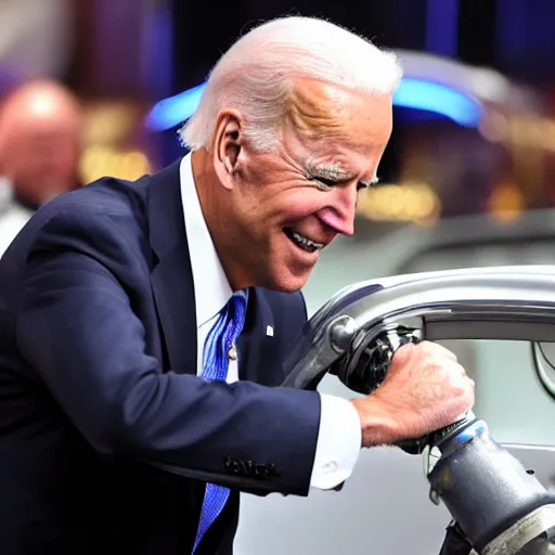 Prompt: gasoline being pumped into joe biden like a car