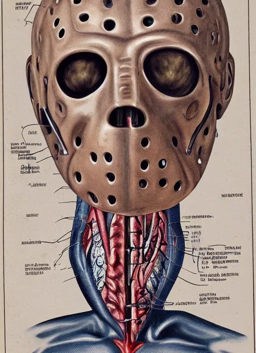 Prompt: vintage medical anatomical illustration of jason voorhees from friday the 1 3 th, highly detailed, labels, intricate writing