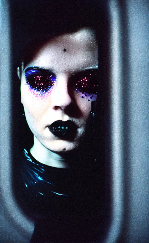 Prompt: cinestill 5 0 d candid photographic portrait by stanley kubrick of a feminine man wearing rugged black techwear and glitter goth makeup looking in the bathroom mirror, cramped new york apartment, extreme closeup, retrofuturism cyberpunk emotional cinematic, light and shadows, 8 k, hd, high resolution, 3 5 mm, f / 3 2, ultra realistic faces