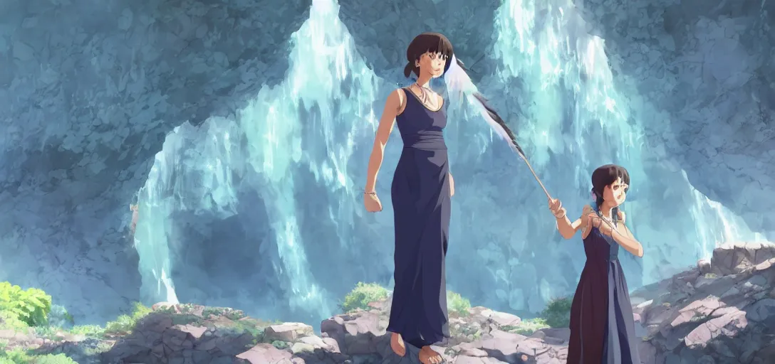 Prompt: Full body portrait of a Himalayan woman in a sleeveless dress, casting a spell on a giant crystal in a cave, detailed, artstation, by Kyoto Animation and Studio Ghibli, by Makoto Shinkai and Ilya Kuvshinov