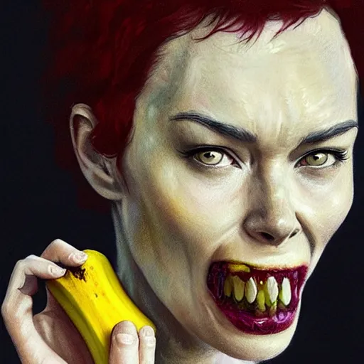 Image similar to color head portrait of lena headey eating a banana as a zombie, 7 days to die zombie, gritty background, fine art, award winning, intricate, elegant, sharp focus, cinematic lighting, digital painting, 8 k concept art, art by michael hussar, art by brom, art by guweiz and z. w. gu, 8 k