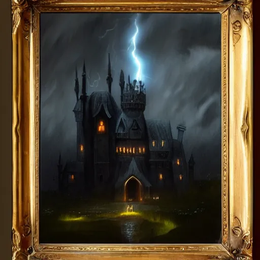 Prompt: dark and stormy eerie gothic castle with lightning, extremely detailed, oil painting, 8k, trending on artstation