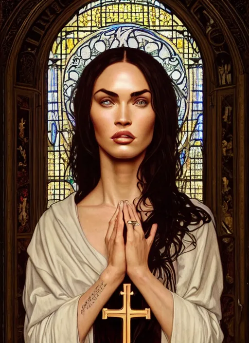 Image similar to portrait of megan fox as a sultry nun, catholic, church, bible, christian, intricate, headshot, highly detailed, digital painting, artstation, concept art, sharp focus, cinematic lighting, illustration, art by artgerm and greg rutkowski, alphonse mucha, cgsociety