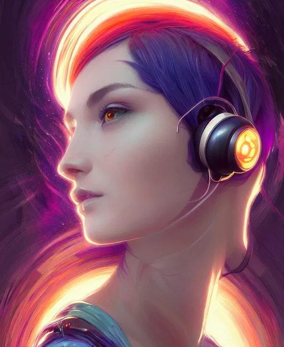 Image similar to a whirlwind of souls rushing inside the metaverse, half body, jewelry, fashionable short haircut, headset, android, cyborg, cyberpunk face, by loish, d & d, fantasy, intricate, elegant, highly detailed, colorful, vivid color, digital painting, artstation, concept art, art by artgerm and greg rutkowski and alphonse mucha