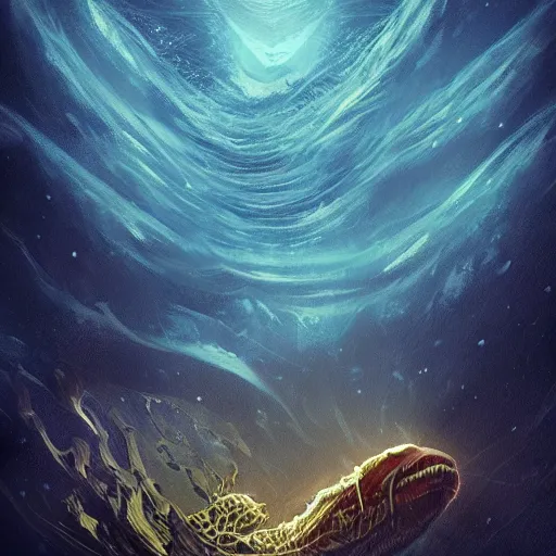 Image similar to stars shine deep below the surface of a dark sunless sea, leviathan, fantasy art, trending on artstation