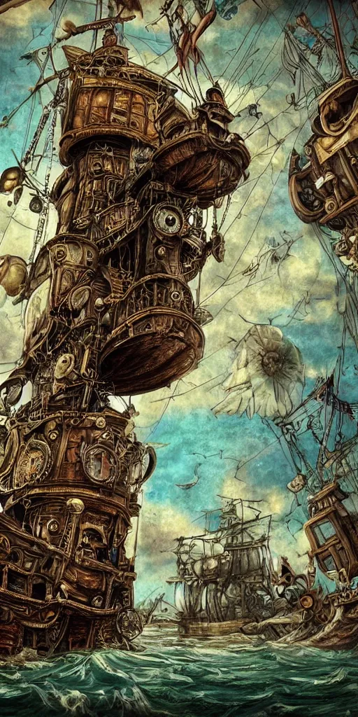 Prompt: a detailed digital painting of a steampunk pirate ship by alexander jansson and where's waldo and leonardo da vinci