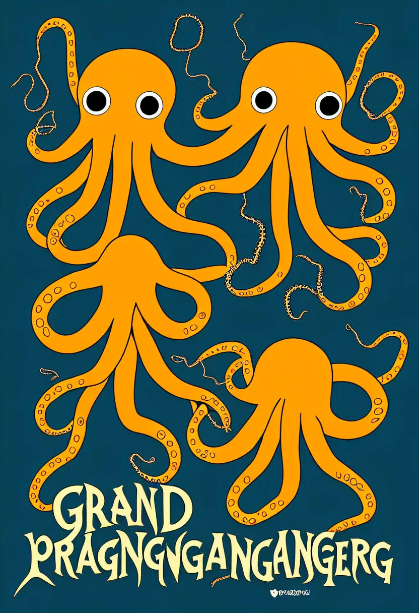 Image similar to concert poster for the band 'GrandpaFinger', symmetrical octopus wearing a top hat, vector art, 8k, highly detailed illustration