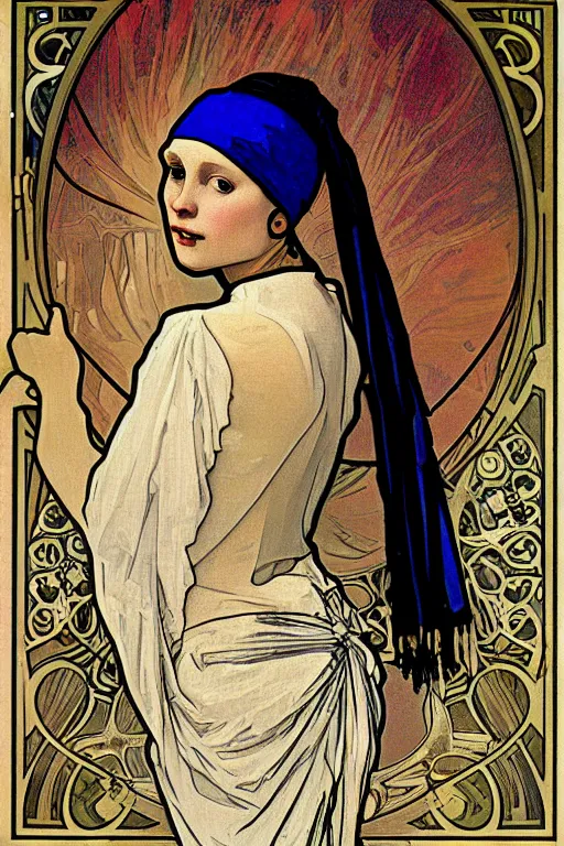 Image similar to A Girl with a pearl earring by Alphonse Mucha, full body,detailed,Art Nouveau, Neo-Gothic, gothic, rich deep moody colors background.