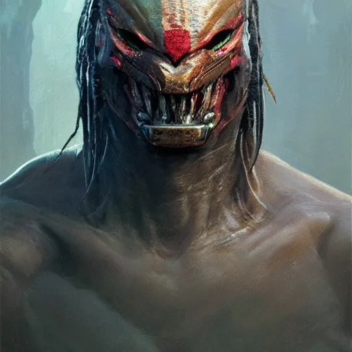 Image similar to A frontal head portrait of The Predator , by dreadjim, Greg Rutkowski, james gurney, epic scifi character art, Exquisite detail, post-processing, low angle view, masterpiece, cinematic