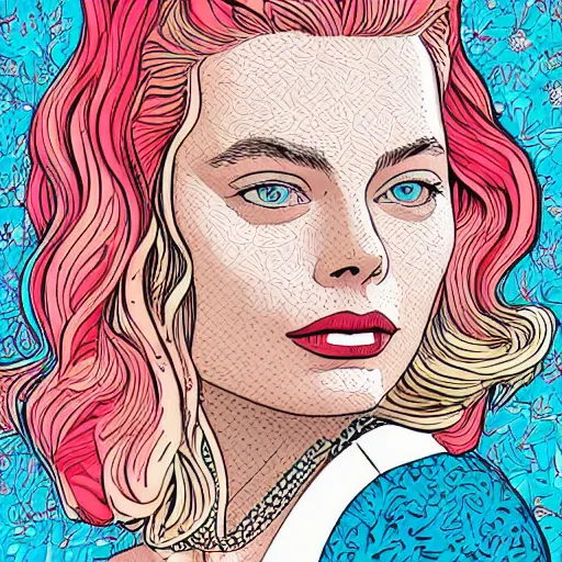 Image similar to detailed illustration of margot robbie in flat colour, by james jean, by yukio shimizu