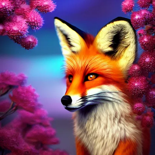 Prompt: Photorealistic magical fox with flowers. Hyperdetailed photorealism, 108 megapixels, amazing depth, glowing rich colors, powerful imagery, psychedelic Overtones, 3D finalrender, 3d shading, cinematic lighting, artstation concept art