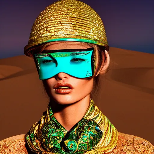 Prompt: An editorial up close macro photo portrait 105mm f2.8 in of a Versace woman model with a Turquoise ornate reflective helmet mask and scarf standing in sand dunes the style of highly detailed David Lachapelle