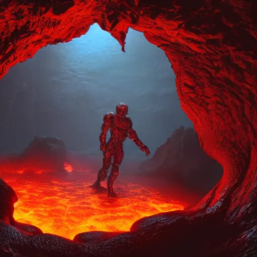 Image similar to head of the doom slayer emerges from a lava lake, cave background, high detail, lava reflections, cave reflecting in the lava lake, dramatic shot