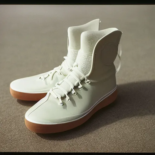 Prompt: a photoshoot of A Nike sneaker boot designed by Dieter Rams, minamalist, realistictic, color film photography by Tlyer Mitchell, 35 mm, graflex