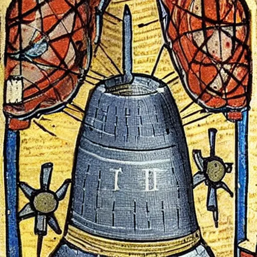 Prompt: bad drawedmix between a turborreactor and a rocket in a medieval manuscript, medieval manuscript, golden miniatures