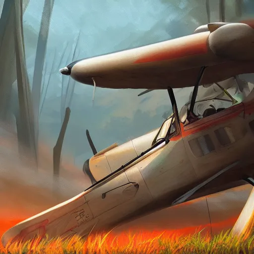 Prompt: young pilot :: crashed plane :: forest :: digital painting, very detailed, cinematic shot, artstation