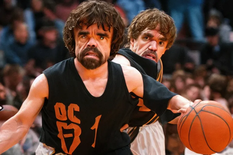 Image similar to peter dinklage playing basketball movie still, from the new slam dunk ernest movie, 8 k, realistic