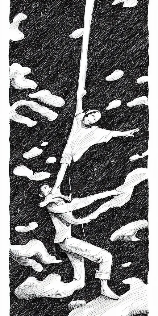 Prompt: a man, floating upright, drawn by nicholas delort!! graphic black and white, comic art, low camera, wide angle, centered composition, golden ratio