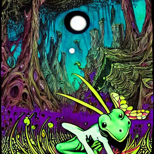 Image similar to scary fairy eating a frog in a psychedelic mushroom village, art style of junji ito, cel animation , masterpiece , post-processing , intricate , legendary matte painting