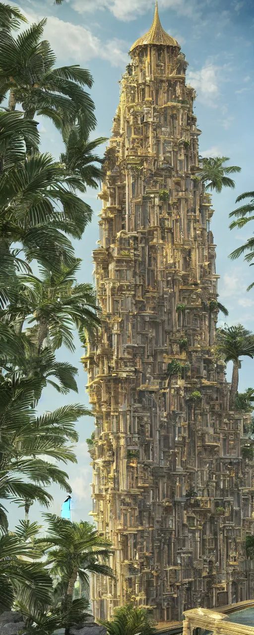 Image similar to epic eye level view of a contemporary tower, golden intricate details, stone facade, sacred architecture, hanging gardens, cascading highrise, arid mountains with lush palm forest, photorealistic, sunlight, 8 k, post - production, octane, cgi, sfx