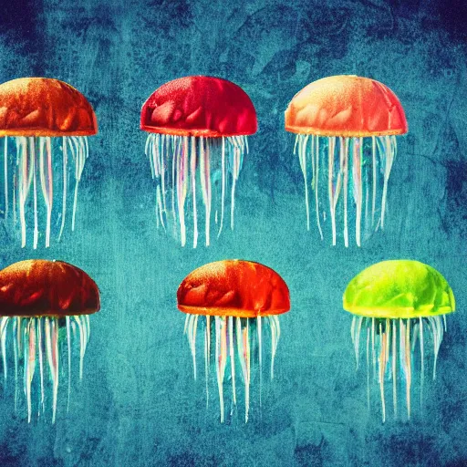 Image similar to hamburger mix jellyfish, cg, 8 k, surrealistic, sharp focus, style by andy warhol