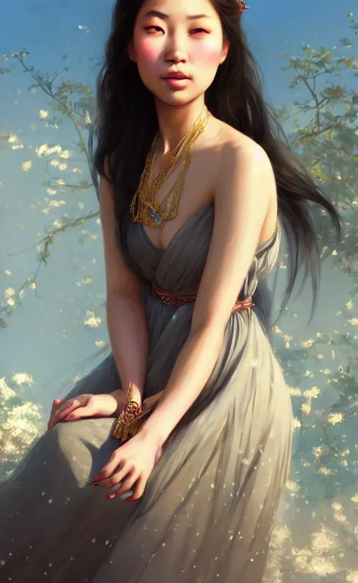 Image similar to a beautiful young charming asian goddess with sundress and jewelry | | winter, realistic shaded, unpleasant face, good looking, fine details, dior, lv, realistic shaded lighting poster by greg rutkowski, macoto takahashi, magali villeneuve, artgerm, jeremy lipkin and michael garmash