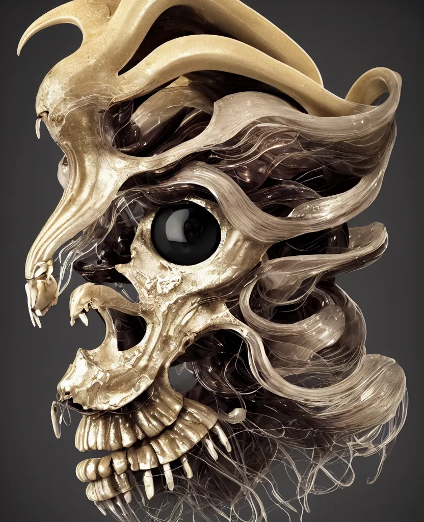 Image similar to goddess princess face close-up portrait ram skull. sculpture made of polished gold and matte obsidian. jellyfish phoenix head, nautilus, orchid, skull, betta fish, bioluminiscent creatures, intricate artwork by Tooth Wu and wlop and beeple. octane render, trending on artstation, greg rutkowski very coherent symmetrical artwork. cinematic, hyper realism, high detail, octane render, 8k