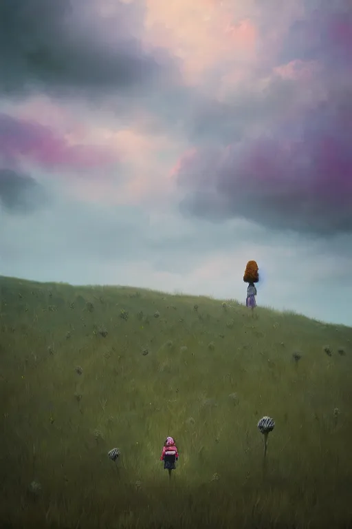 Image similar to portrait, enormous thistle flower head, a girl wearing coat in field, surreal photography, wind and cold, dramatic sky, impressionist painting, digital painting, artstation, simon stalenhag