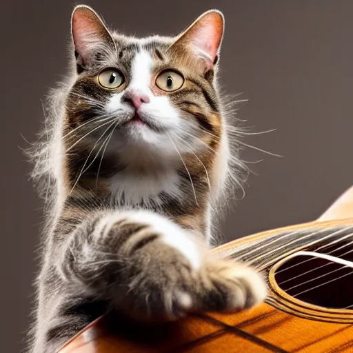 Image similar to a cat with long hair performing a acoustic guitar solo, realistic, high res