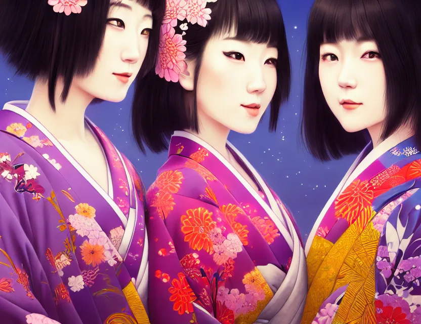 Image similar to two beautiful charming japan girls wear arty kimono in festival | | sunny night, full moon, dreamlike art, realistic shaded, smile, good looking, hyper details, 4 k realistic, cryengine, realistic shaded lighting poster by ilya kuvshinov, fuji choko, ross tran, 8 k resolution, trending on artstation, luxury