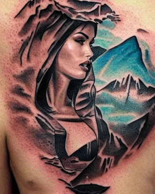 Image similar to double exposure tattoo design sketch of megan fox and beautiful mountains, surrealism tattoo, in the style of matteo pasqualin, amazing detail, sharp