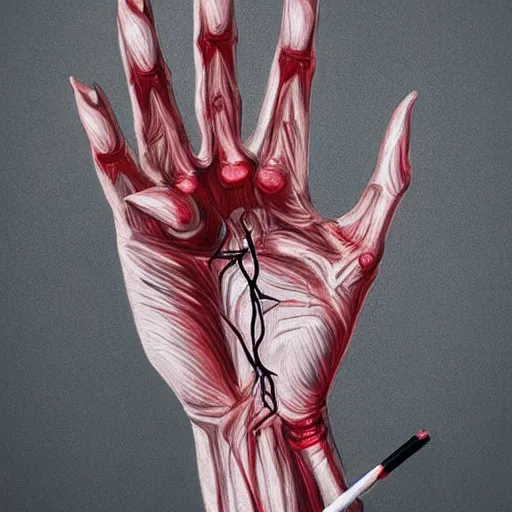 Prompt: Very very very very detailed, very very very very realistic artistic art of very very very anatomically correct hand of a woman that holds cigarette between fingers, by very very very very talented artist in very very very very aesthetic photorealism style