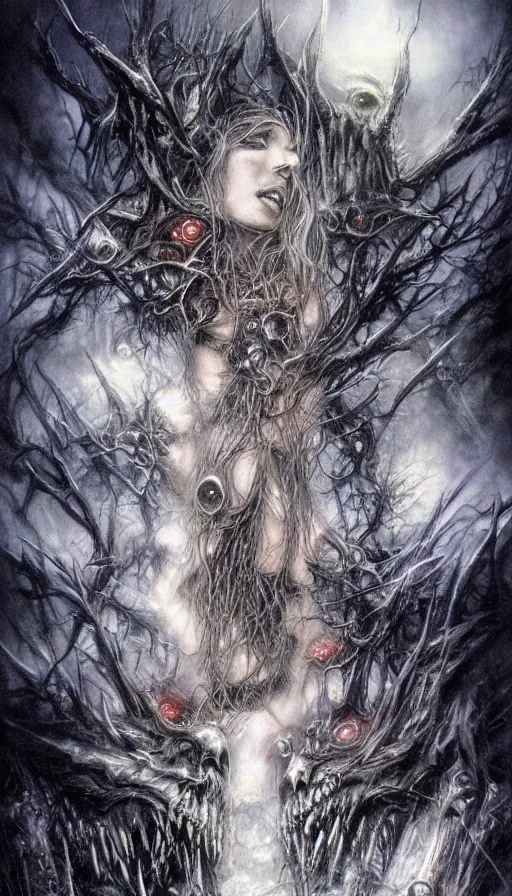 Image similar to a storm vortex made of many demonic eyes and teeth, by luis royo,